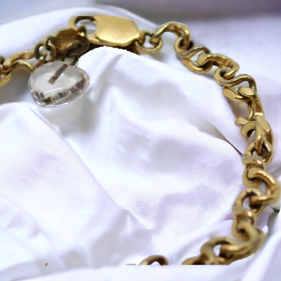 24K GFL Chain Link Bracelet Dainty Vintage Links with Glass Heart Charm 7" Long - Picture 3 of 16